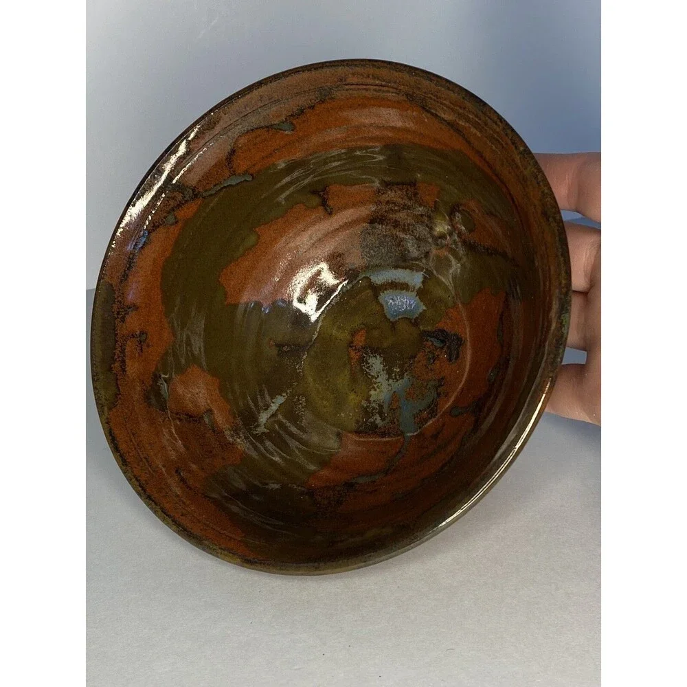 Handmade Studio Pottery Bowl Signed Artist Brown Glazed Rustic Stoneware Art